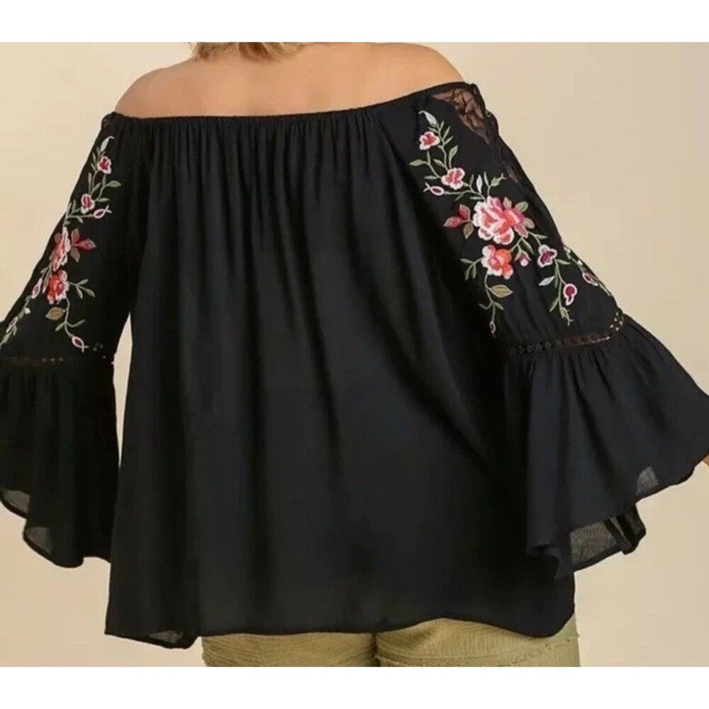 Umgee Women’s Off Shoulder Flutter Sleeve Floral Embroidered Top Bohemian M *EUC